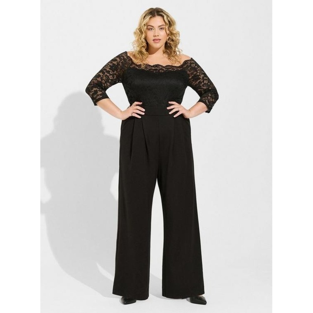 New Torrid Lace and Ponte Off Shoulder Jumpsuit Deep Black Plus Size 30 Elegant